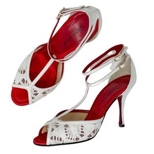 Dolce & Gabbana Snakeskin Leather & Crochet Lace Ankle T Strap Heels 37 /US6.5-7